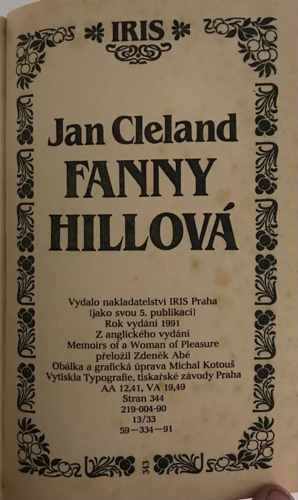 Jan Cleland Fanny Hillova Memoáry kurtizány 1991 IRIS Praha