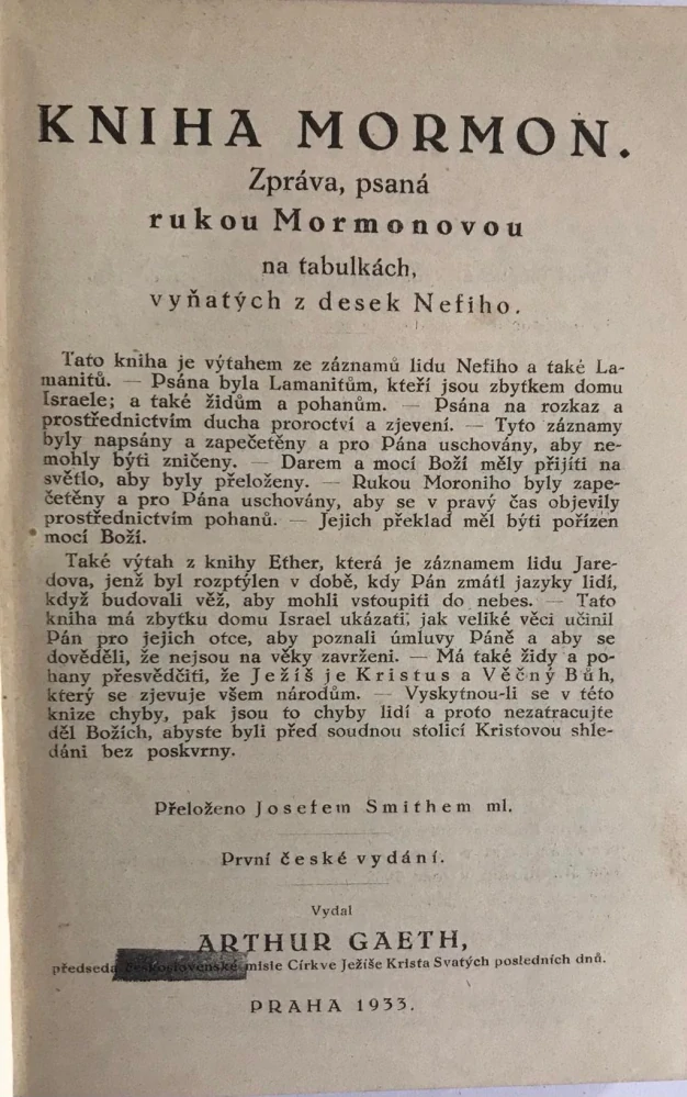 Kniha Mormon 1933 první české vydání Arthur Gaeth