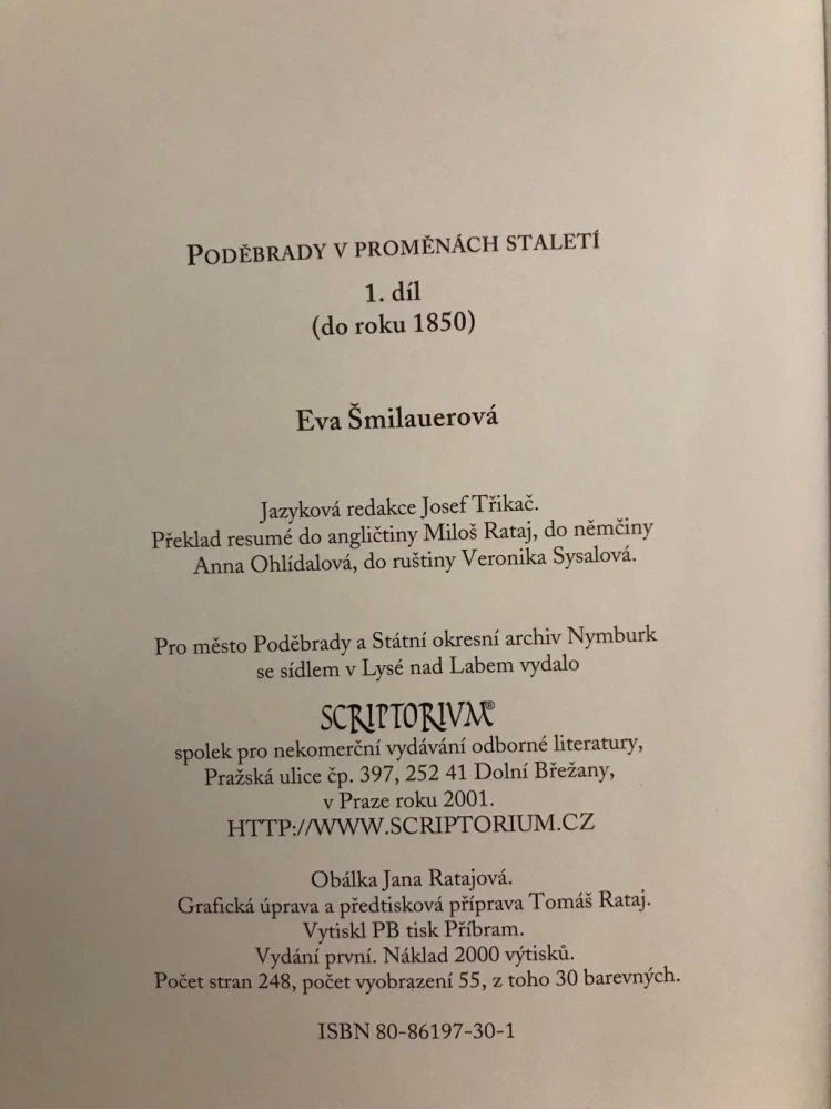 Eva Smilauerova Poděbrady v proměnách staletí 1 dil do roku 1850 Scriptorium 2001