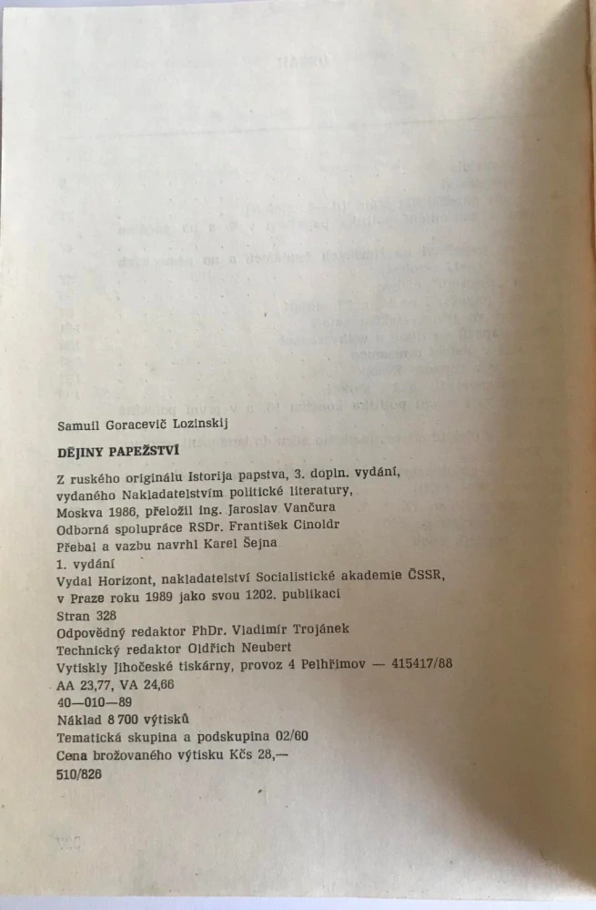 S.G. Lozinskij Dějiny papežství 1989 Horizont - papezove Vatikan